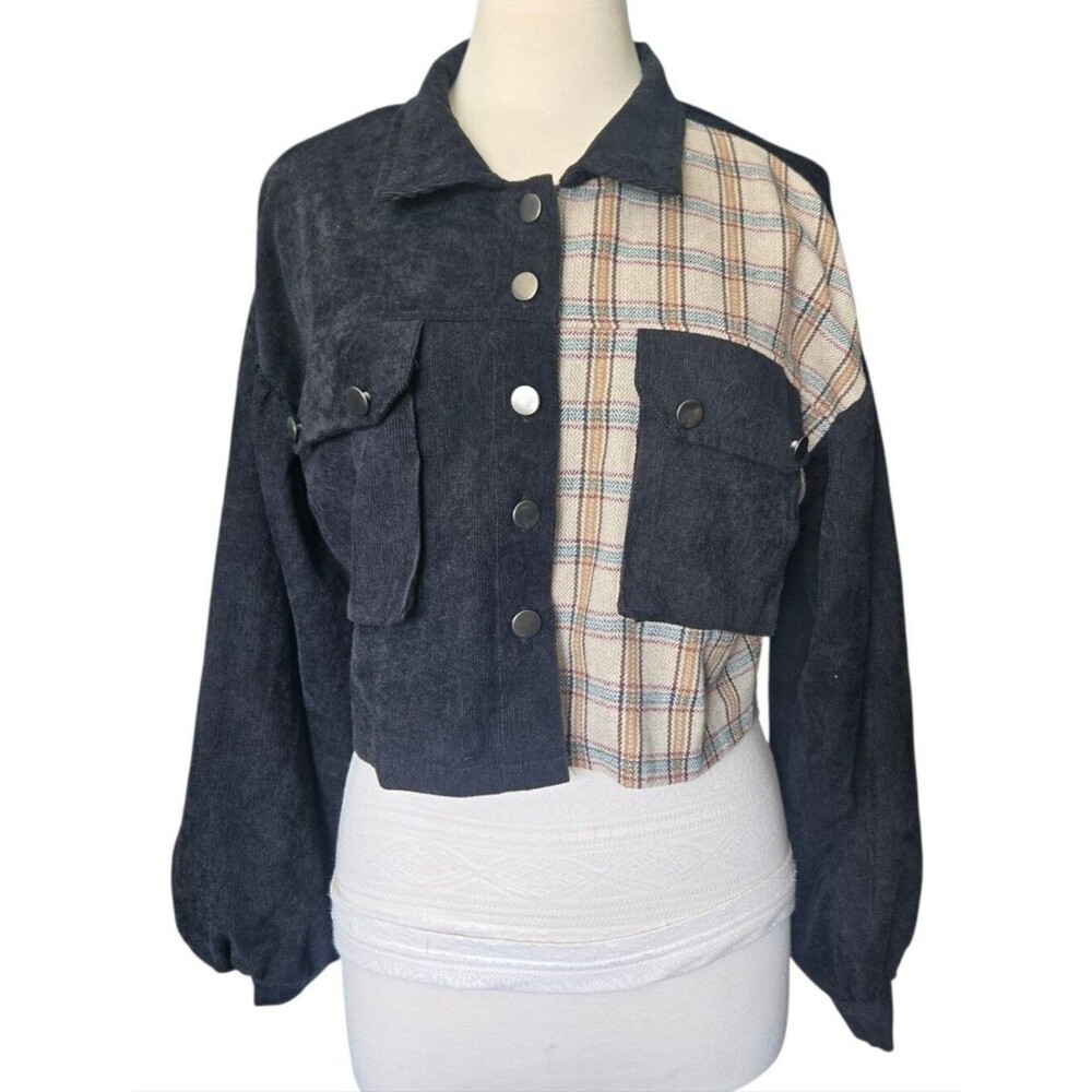 SHEIN Spliced Plaid Flap Pocket Crop Corduroy Jacket - M